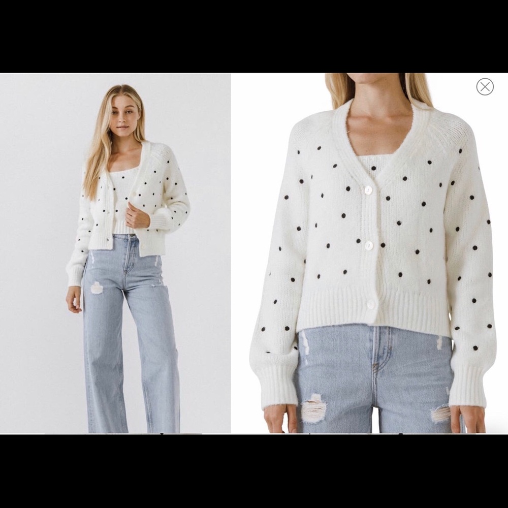 English Factory white embroidered black polka dot long V neck Cardigan Sweater S